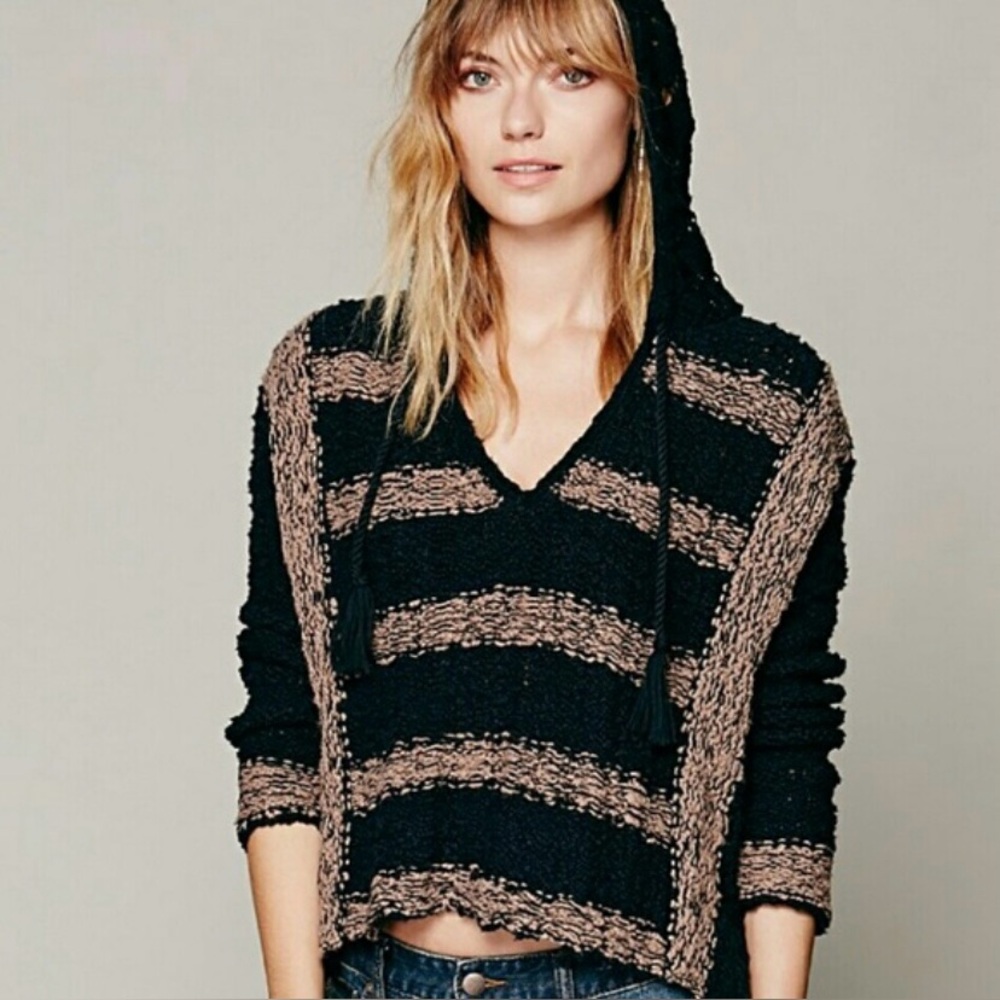 Free People Grunge Whimsygoth Striped Knit Hoodie Raw Hem Sweater XS